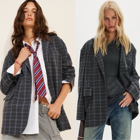 Free People Oversized Layering Menswear Reggie Blazer Blue Plaid XL Preppy Edgy